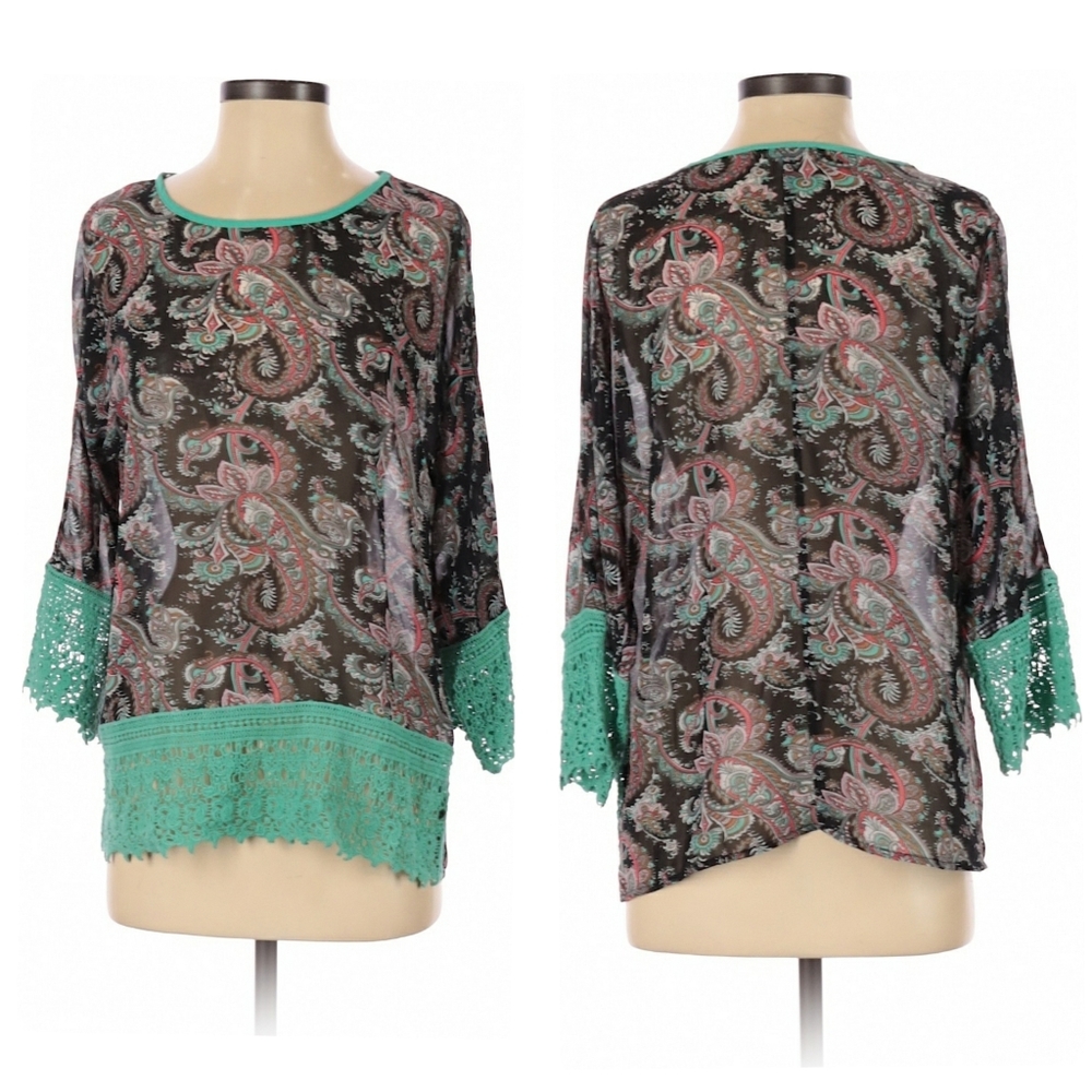 Altar'd State Boho Tunic Lace Green Black Small - Picture 2 of 7